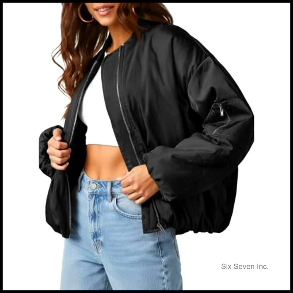Oversized Zip Up Bomber Jacket Casual Fully Lined Winter Coat With Pockets - Picture 2 of 7